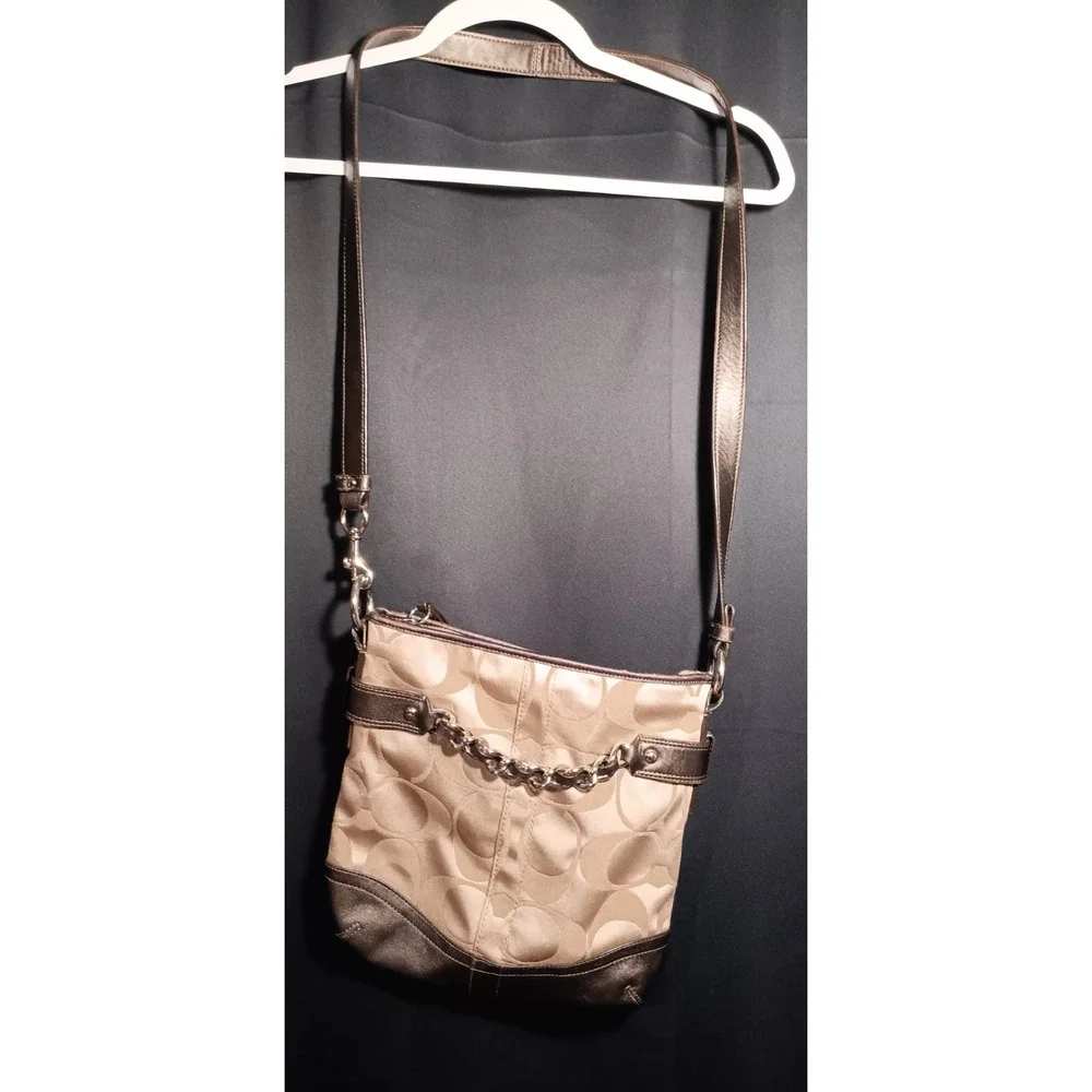 Y2K Coach Signature Chain Crossbody Khaki Fabric Bronze Leather Small Shoulder B